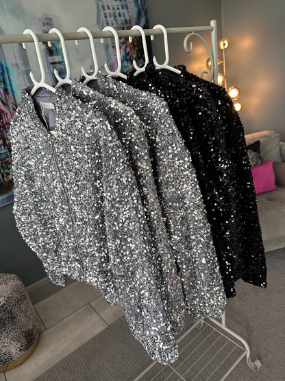 Black Sequin Bomber Jacket