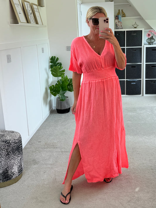 Neon Orange Cheesecloth V Neck Maxi Dress
