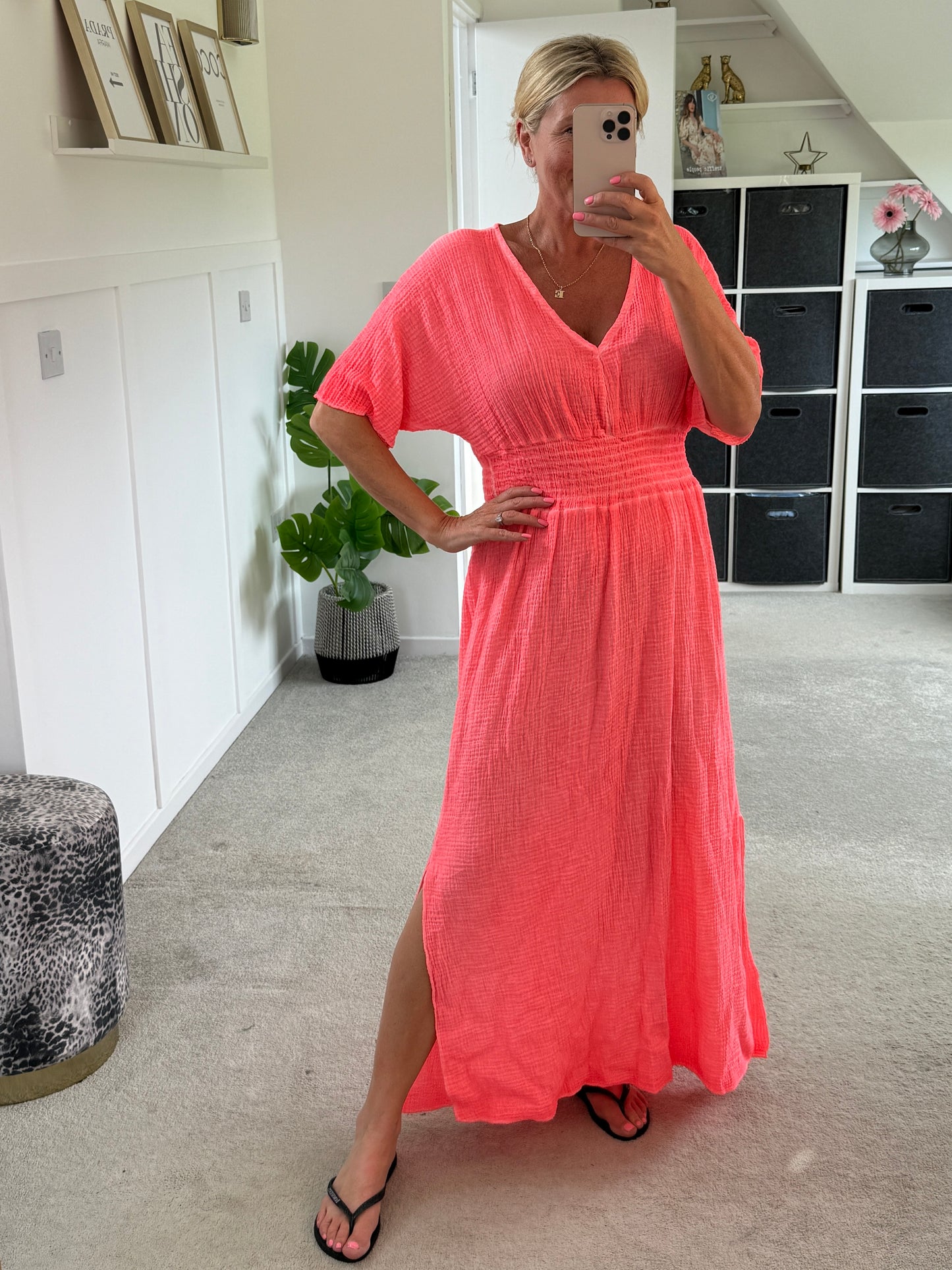 Neon Orange Cheesecloth V Neck Maxi Dress