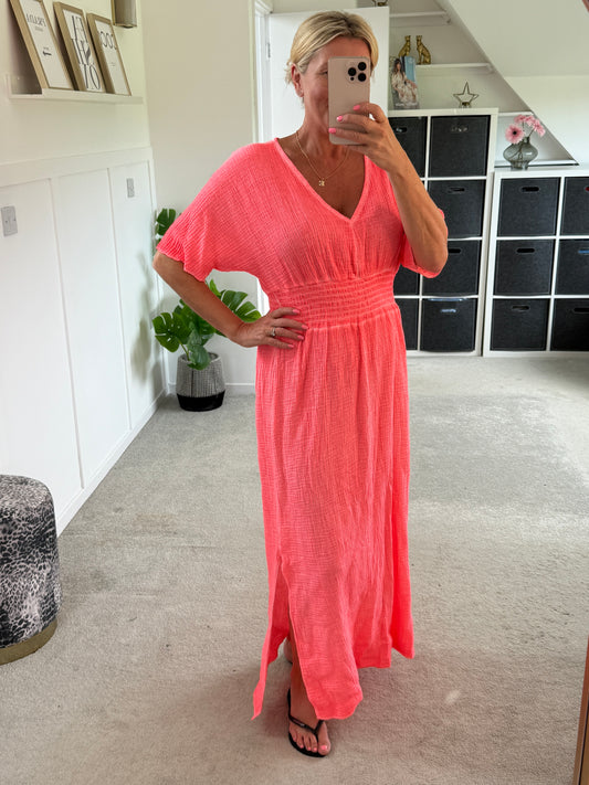 Neon Orange Cheesecloth V Neck Maxi Dress