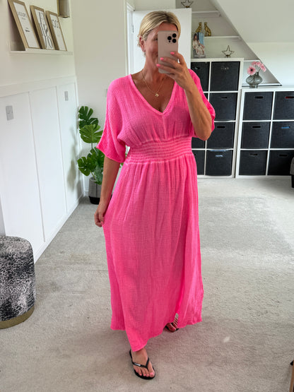 Neon Pink Cheesecloth V Neck Maxi Dress