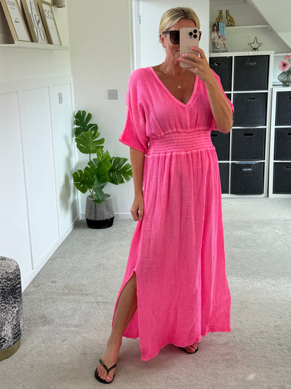 Neon Orange Cheesecloth V Neck Maxi Dress