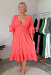 Coral Broderie Anglaise Midi Dress