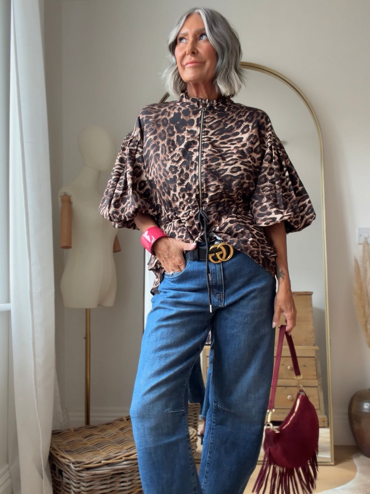 Leopard Balloon Sleeve Peplum Jacket