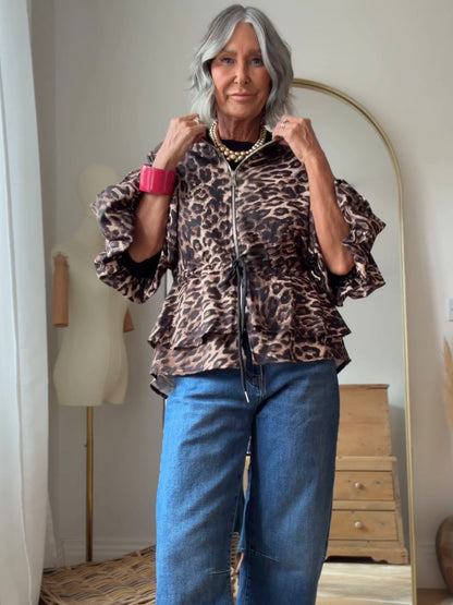 Leopard Balloon Sleeve Peplum Jacket
