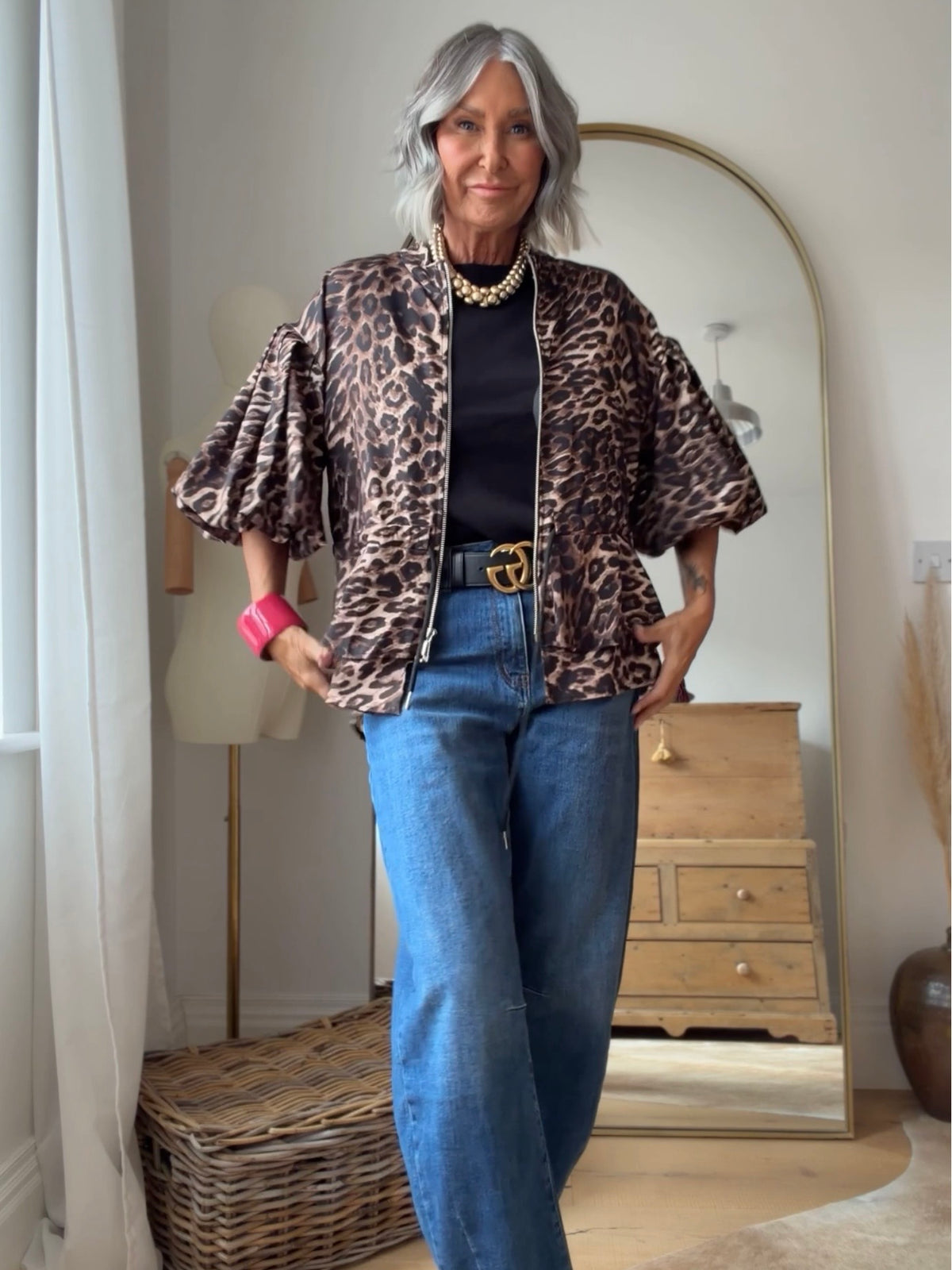 Leopard Balloon Sleeve Peplum Jacket