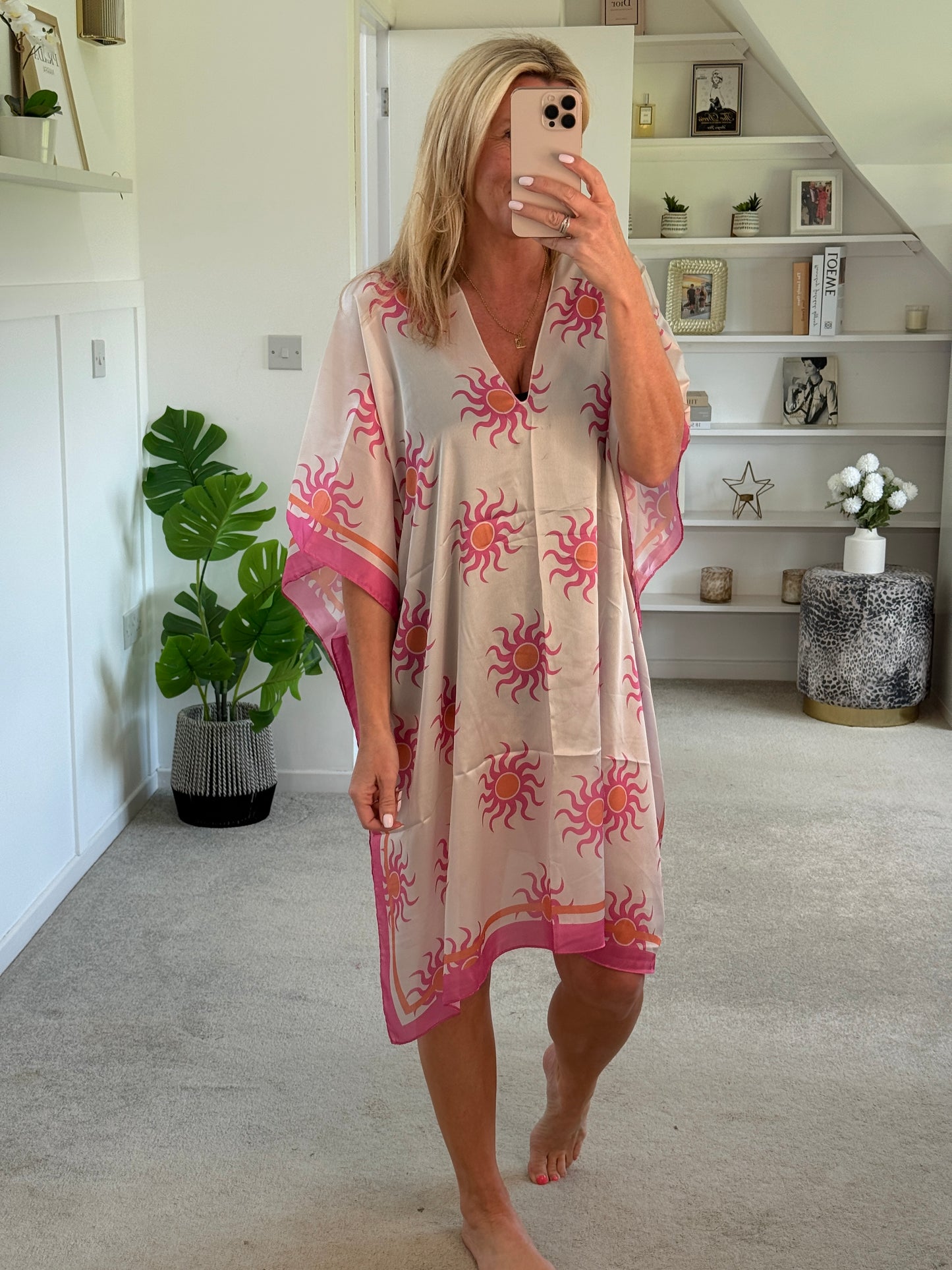 Off White/Pink Sun Print Floaty Kaftan Dress