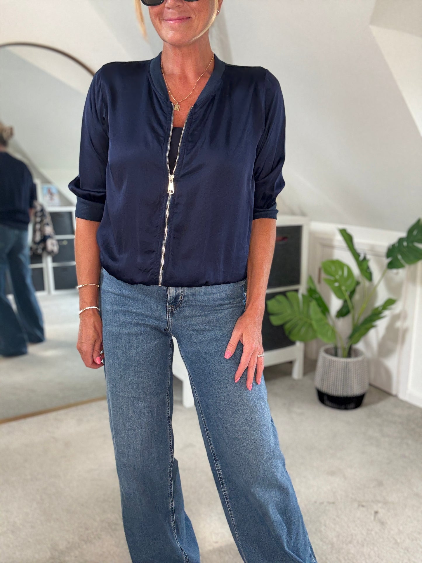 Navy Silk Mix 1/2 Sleeve Bomber Jacket