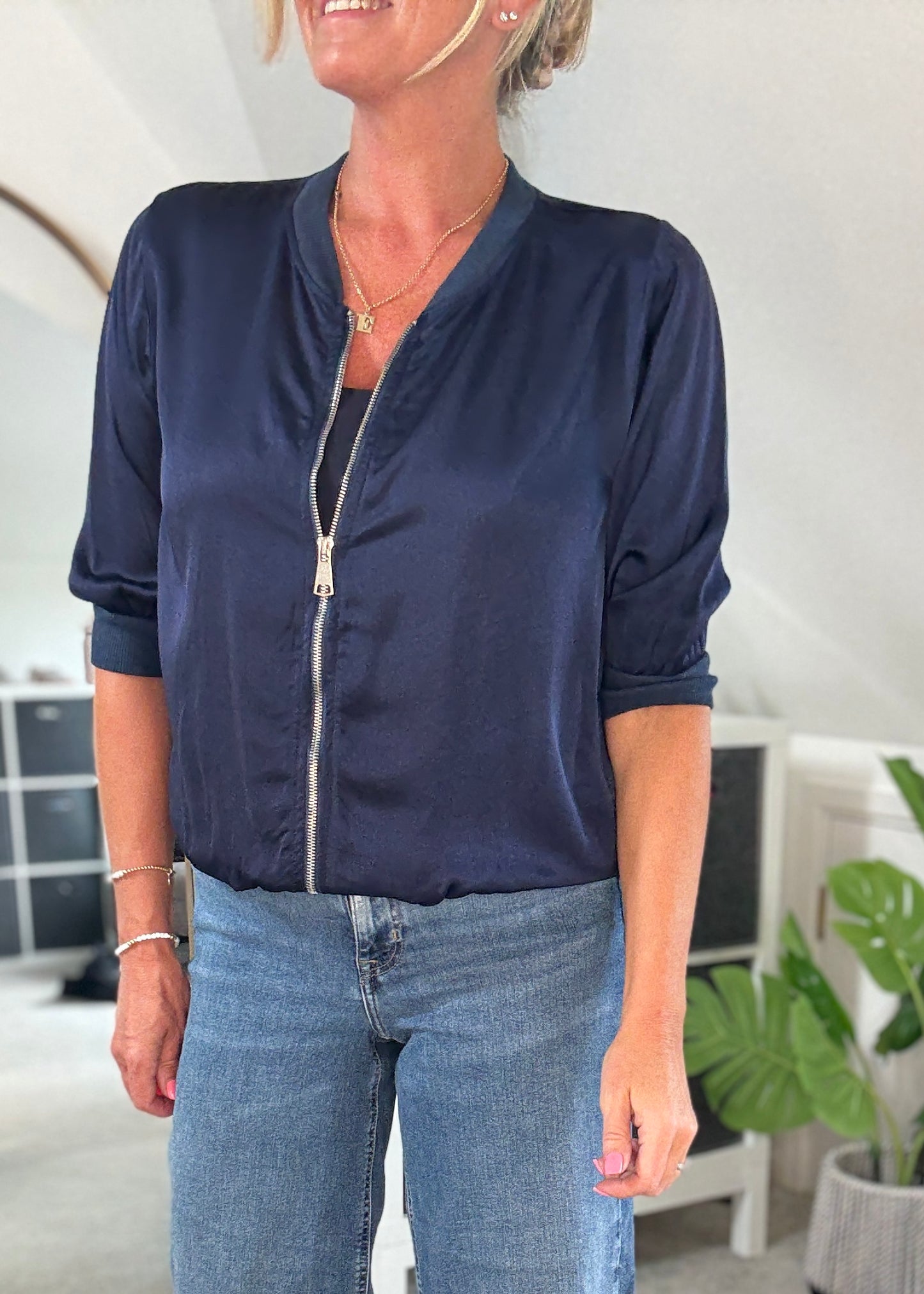 Navy Silk Mix 1/2 Sleeve Bomber Jacket
