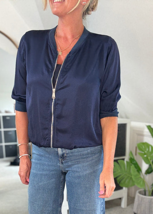 Navy Silk Mix 1/2 Sleeve Bomber Jacket