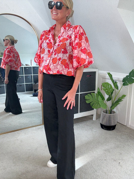 Poppy Red/Pink Floral Appliqué Blouse