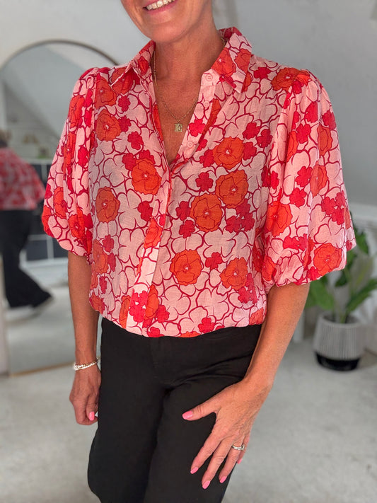 Poppy Red/Pink Floral Appliqué Blouse