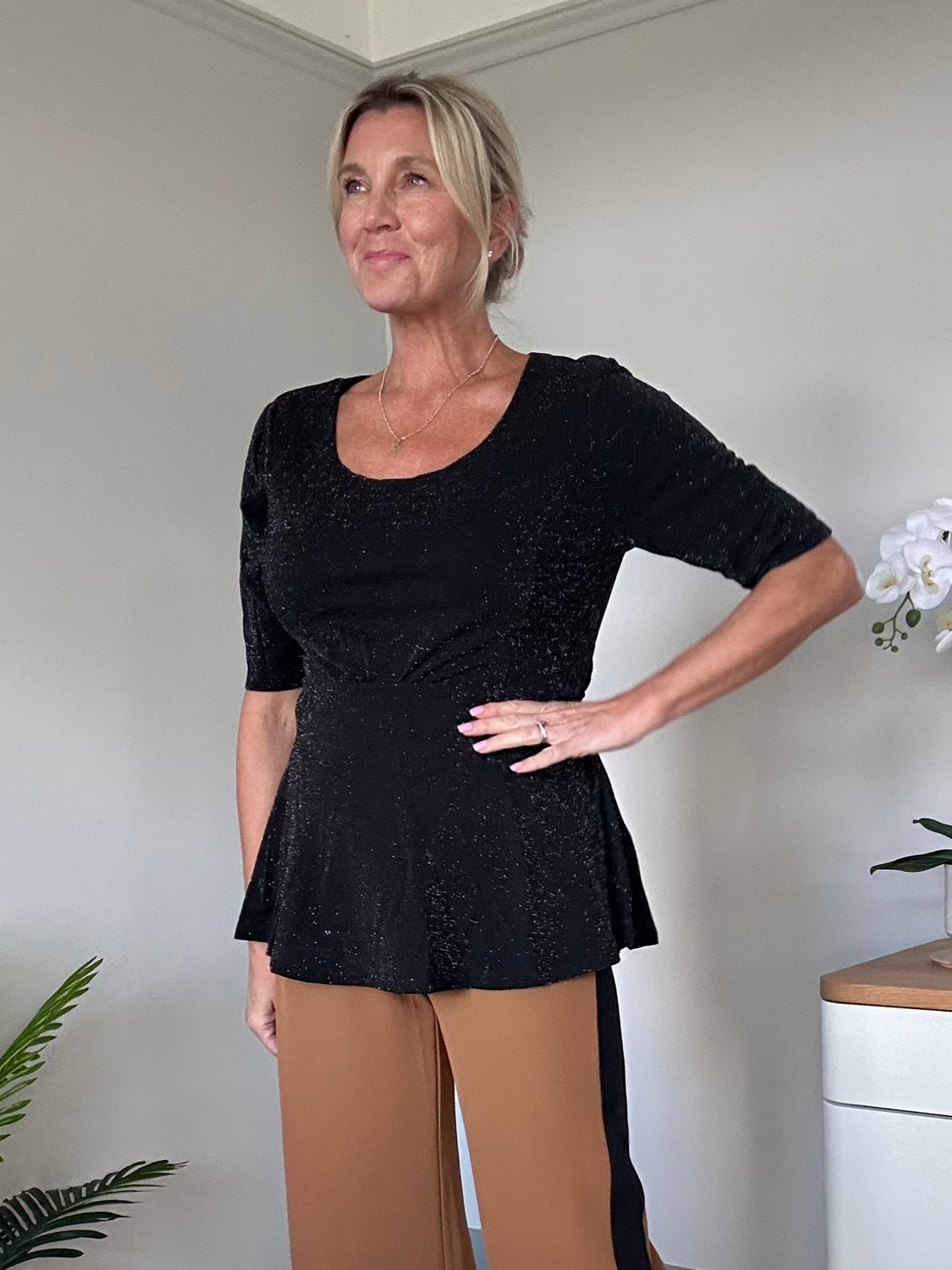 Black Sparkle Tie Waist Top