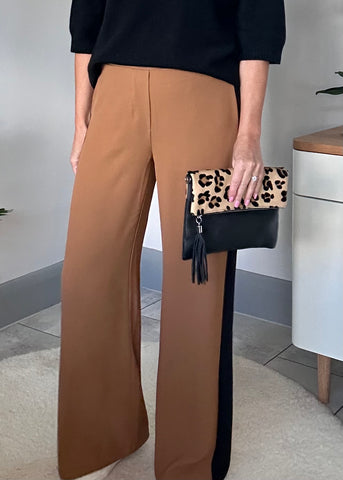 Camel/Black Stripe Wide Leg Trousers