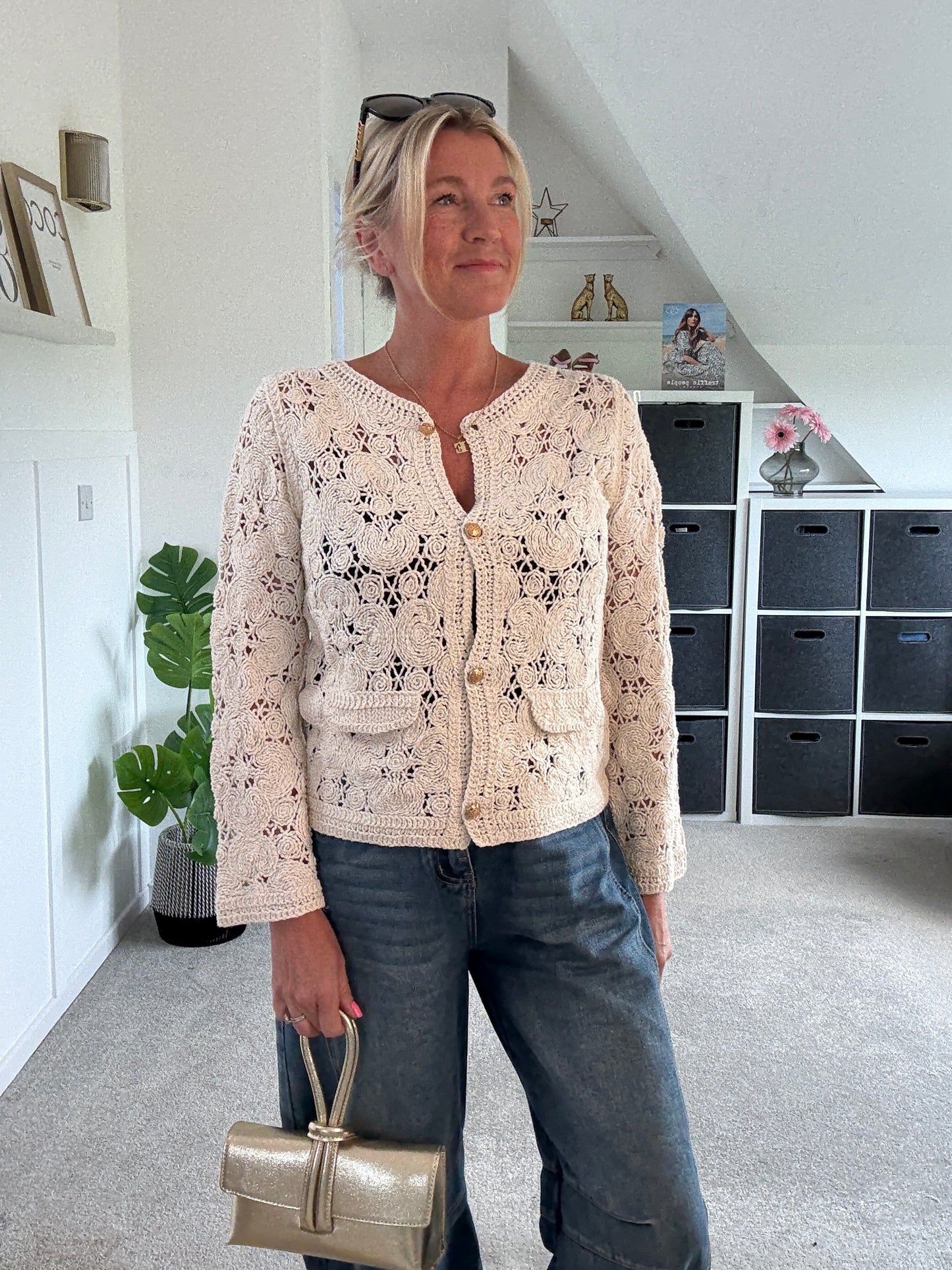 Stone Crochet Cardigan with Gold Buttons