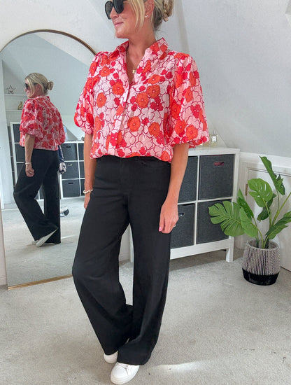 Poppy Red/Pink Floral Appliqué Blouse