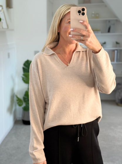 Beige V Neck Polo Knit