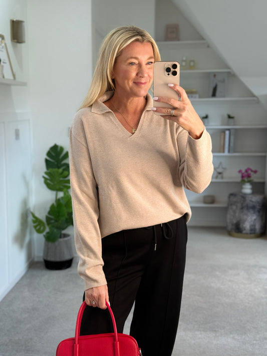 Beige V Neck Polo Knit