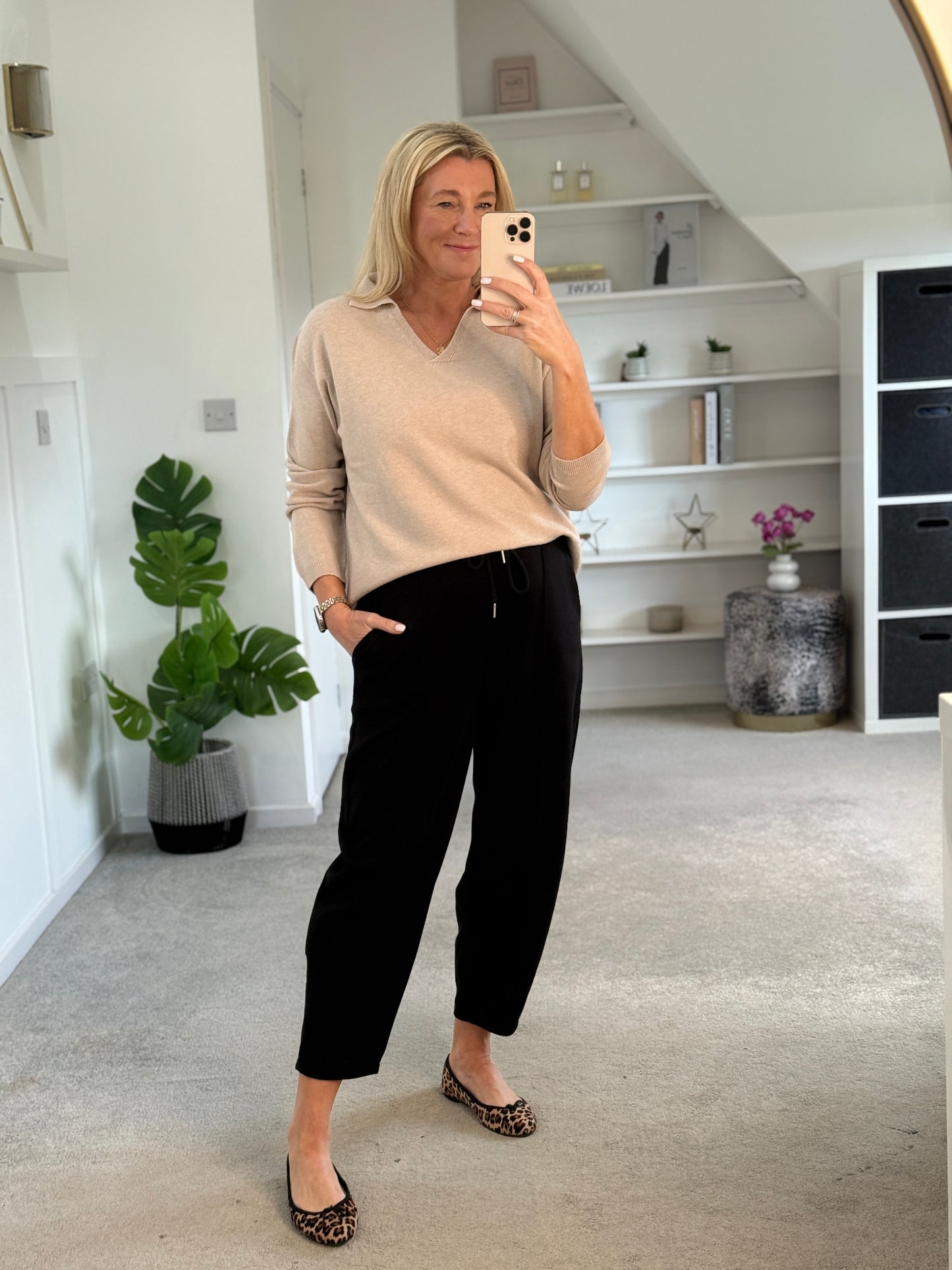 Beige V Neck Polo Knit