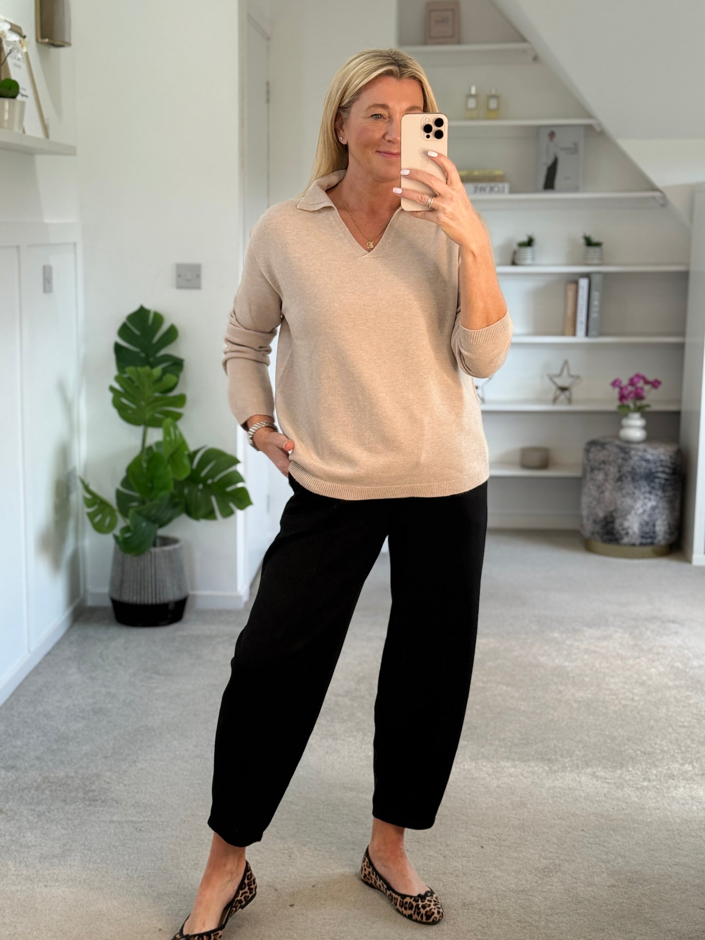 Beige V Neck Polo Knit