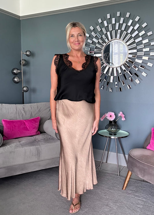 Satin/Lace V Neck Top