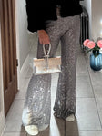 Silver/Grey Sequin Flared Trousers