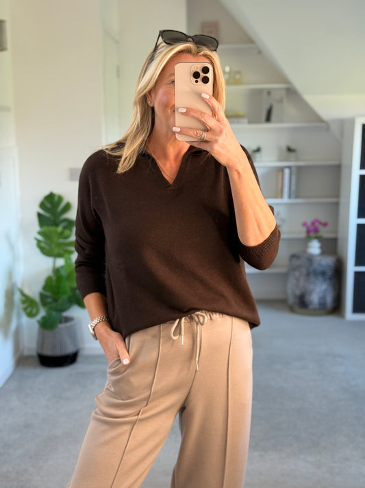 Dark Chocoloate V Neck Polo Knit