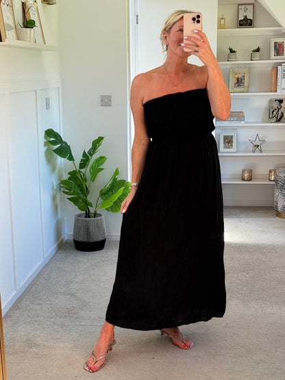 Black Strapless Shirred Dress