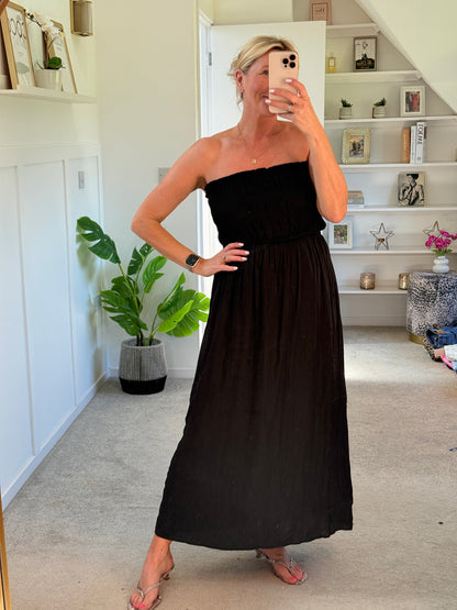Black Strapless Shirred Dress