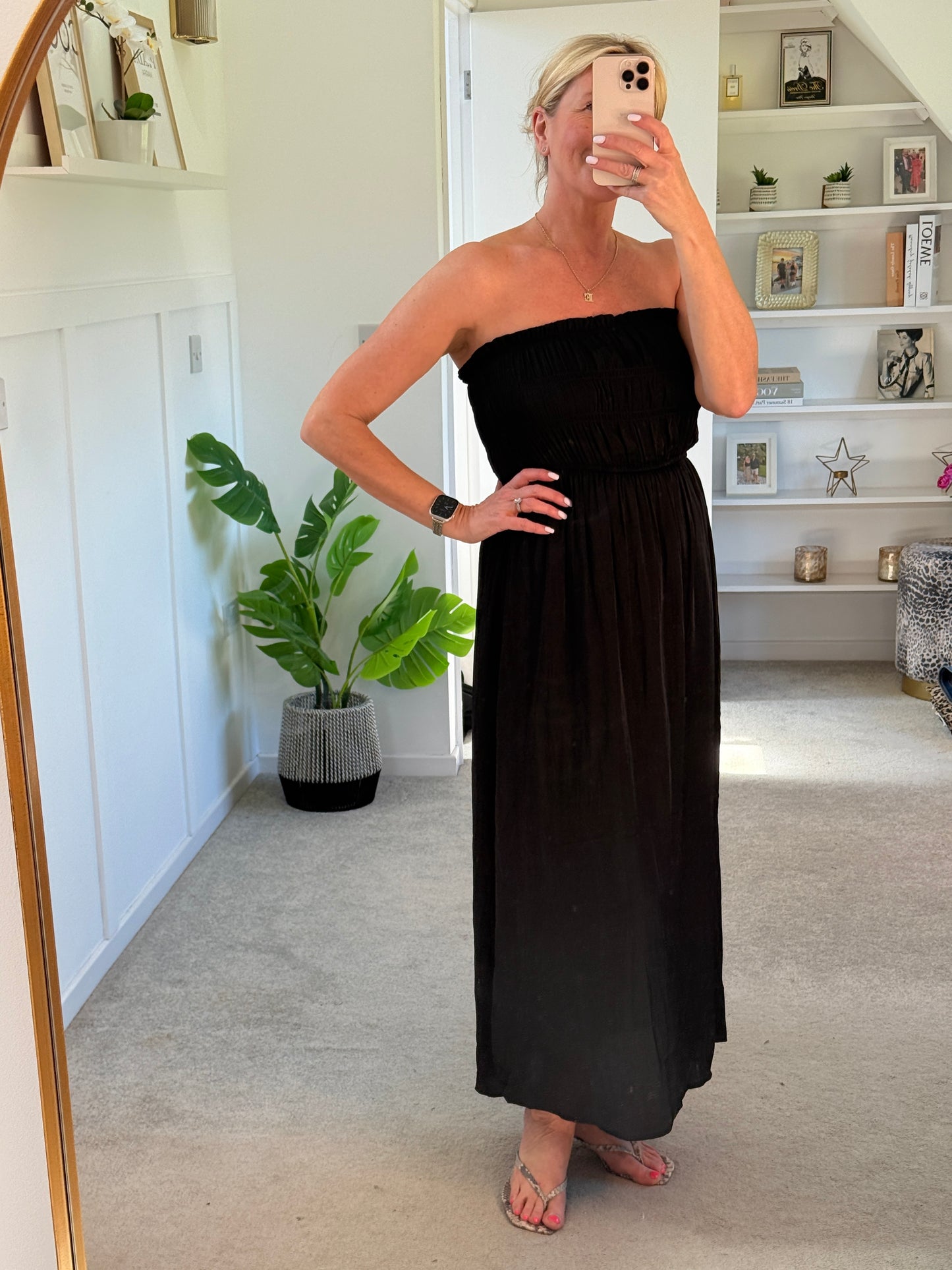 Black Strapless Shirred Dress