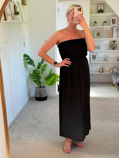 Black Strapless Shirred Dress