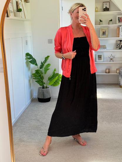 Black Strapless Shirred Dress