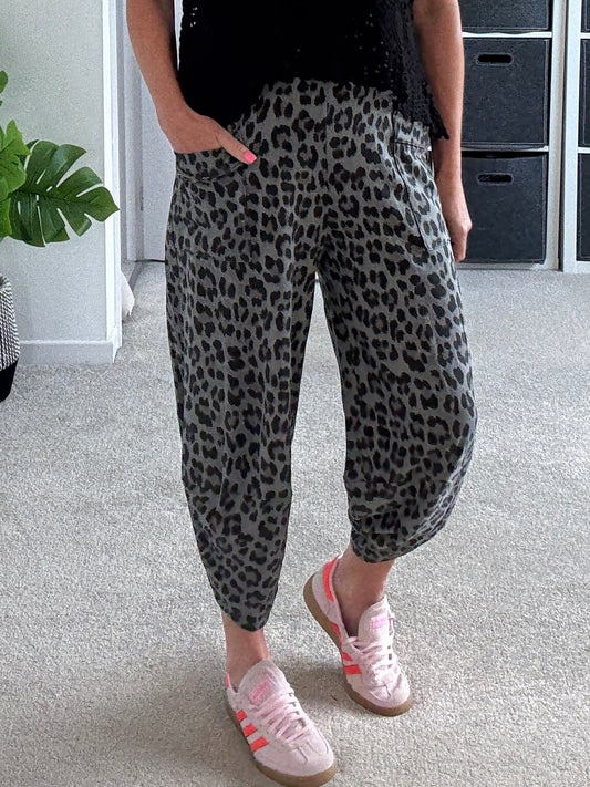 Grey Leopard Pocket Slim Barrel Cargo Joggers