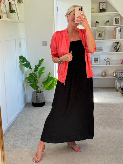 Black Strapless Shirred Dress