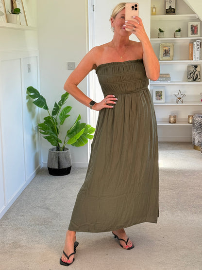 Khaki Strapless Shirred Dress