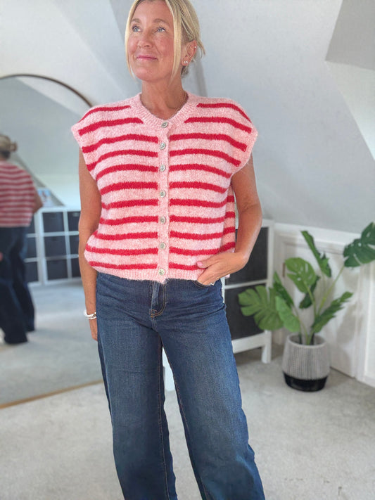 Pink/Red Stripe Sleeveless Cardigan