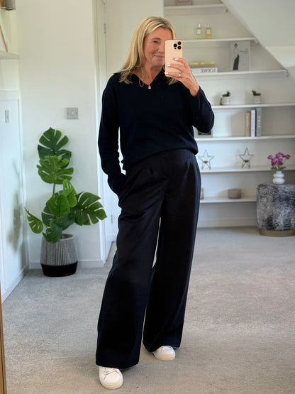Midnight Navy Pleat Front Wide Leg Trousers