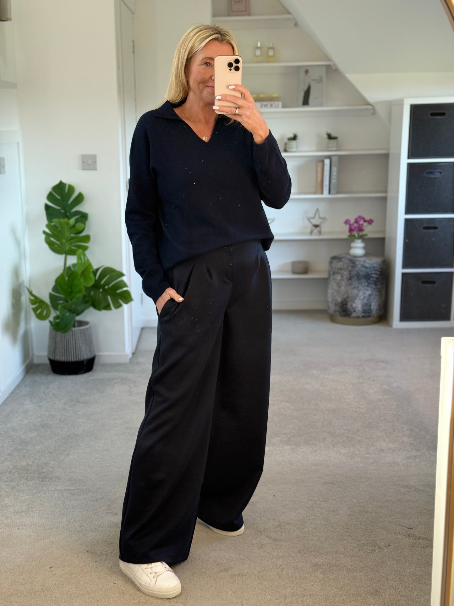 Midnight Navy Pleat Front Wide Leg Trousers