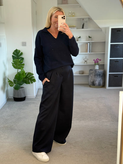 Midnight Navy Pleat Front Wide Leg Trousers