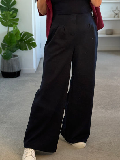Midnight Navy Pleat Front Wide Leg Trousers
