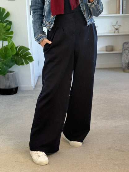 Midnight Navy Pleat Front Wide Leg Trousers
