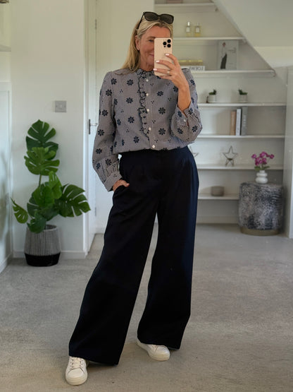 Midnight Navy Pleat Front Wide Leg Trousers
