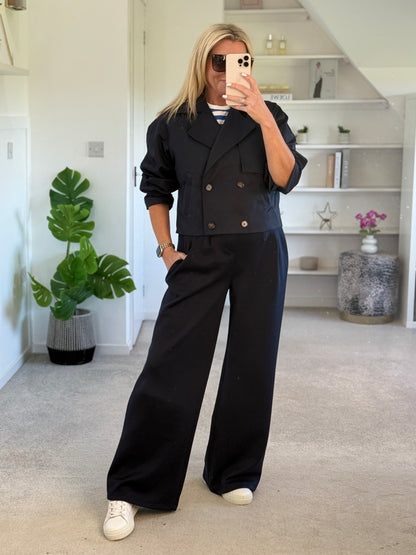 Midnight Navy Pleat Front Wide Leg Trousers