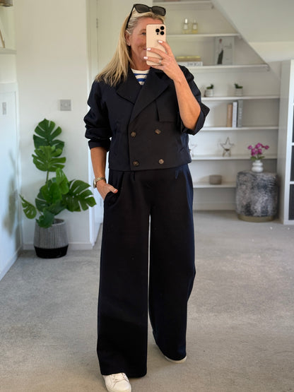 Midnight Navy Pleat Front Wide Leg Trousers