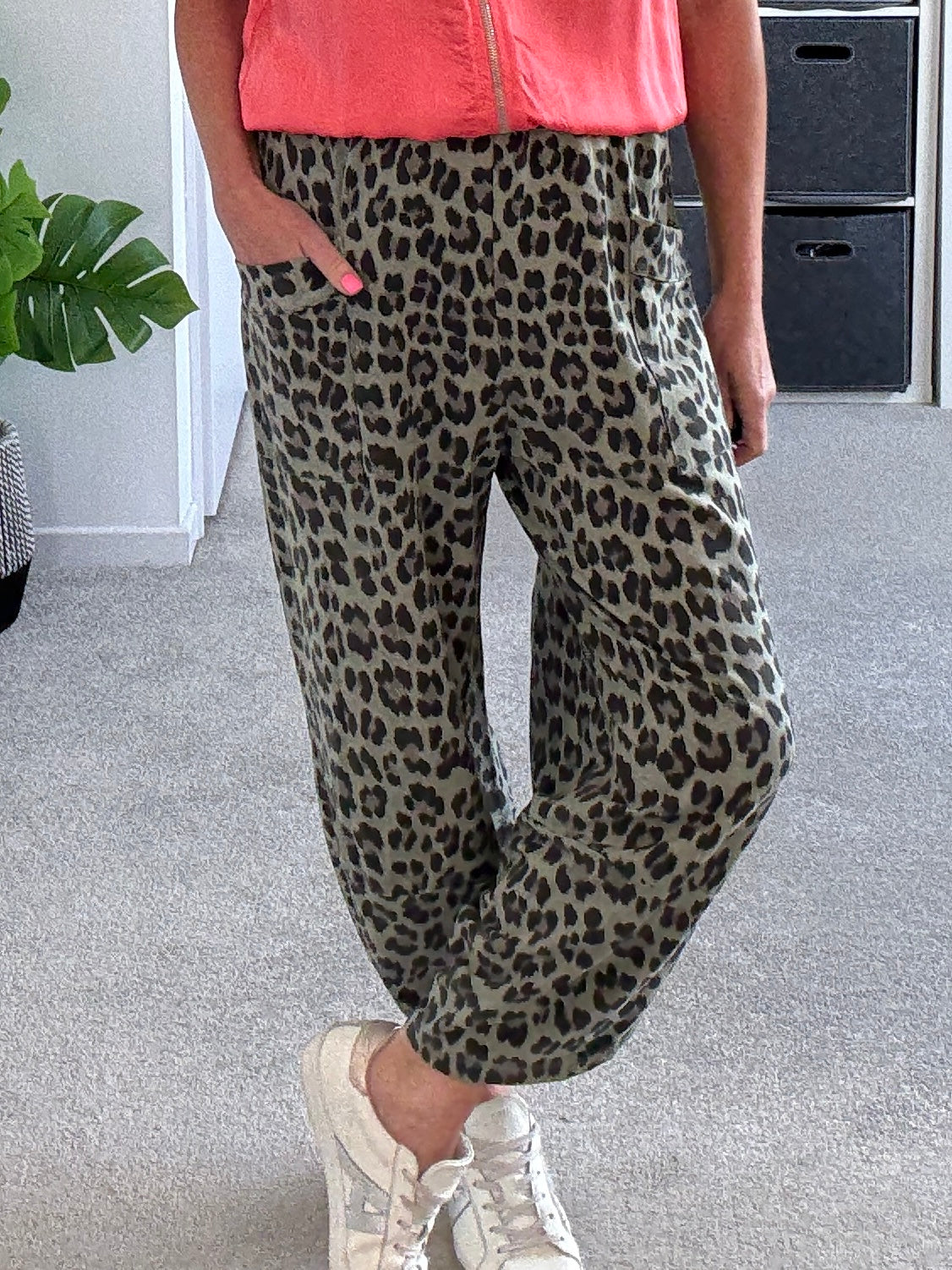 Khaki Leopard Pocket Slim Barrel Cargo Joggers