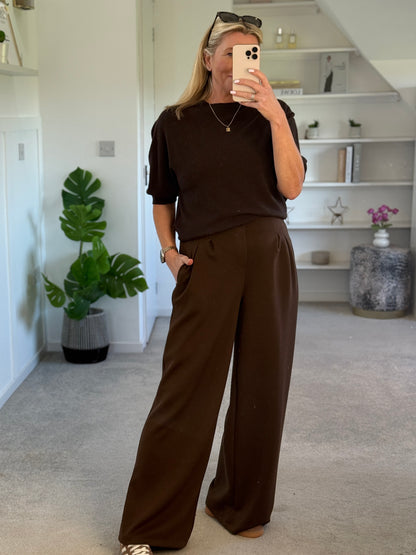Chocolate Pleat Front Wide Leg Trousers