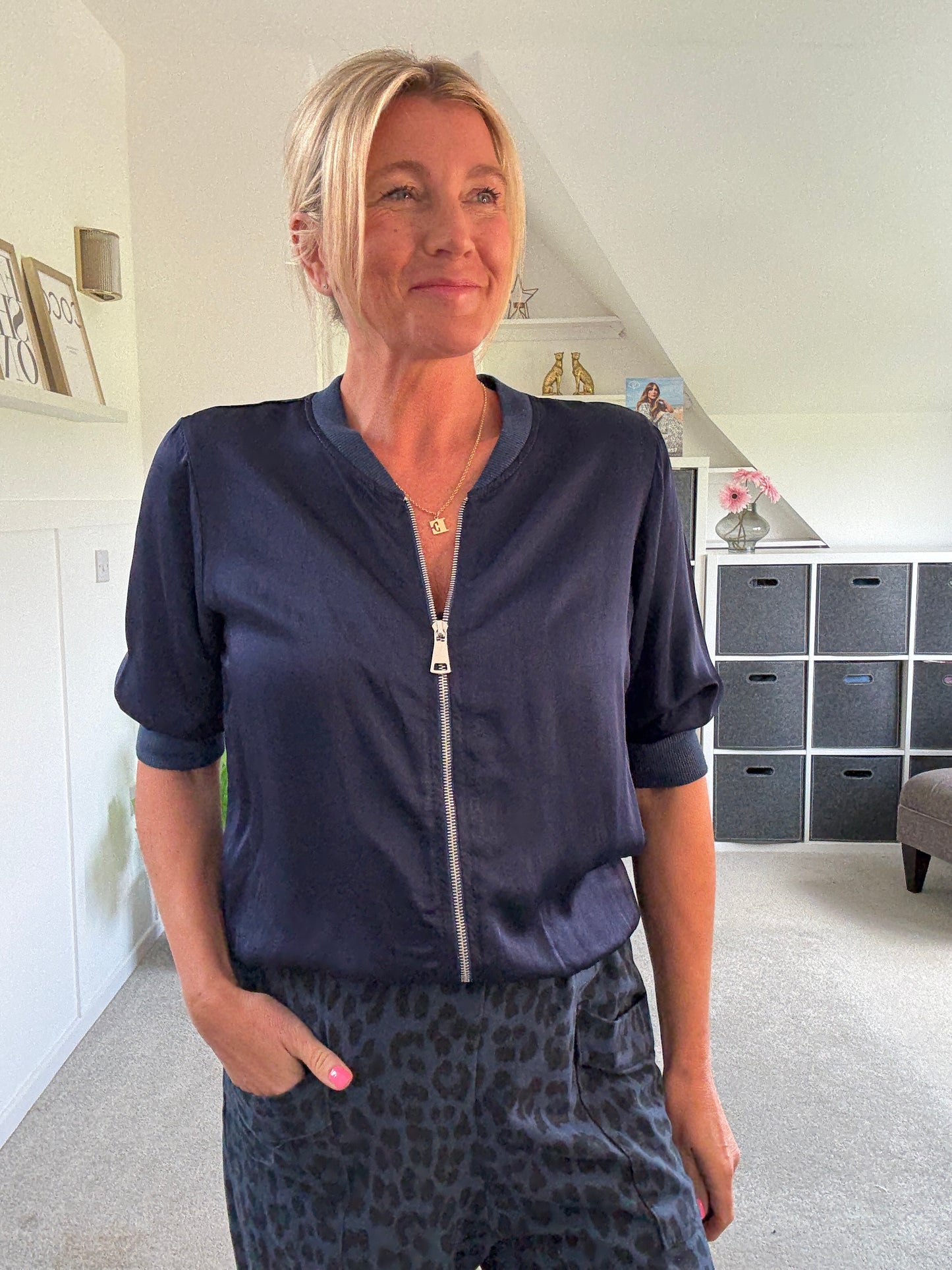 Navy Silk Mix 1/2 Sleeve Bomber Jacket