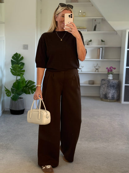 Chocolate Pleat Front Wide Leg Trousers