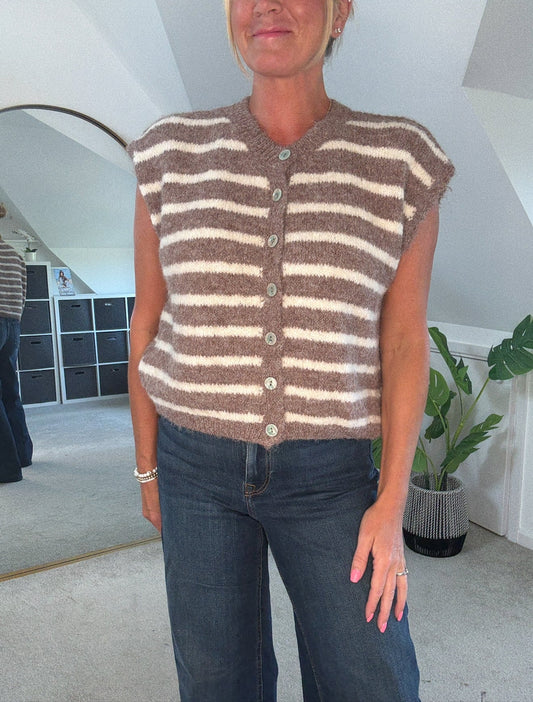 Mocha/Cream Stripe Sleeveless Cardigan