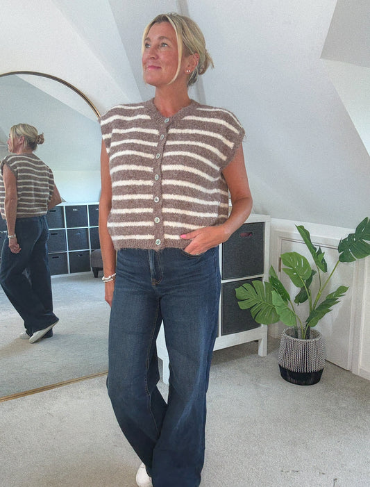 Mocha/Cream Stripe Sleeveless Cardigan